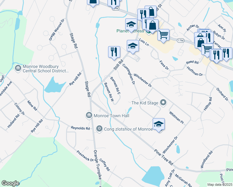 map of restaurants, bars, coffee shops, grocery stores, and more near 19 Barnett Road West in Monroe