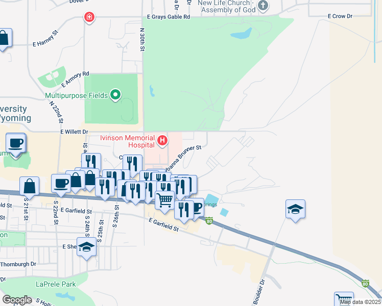 map of restaurants, bars, coffee shops, grocery stores, and more near 3322 Joanna Brunner Street in Laramie