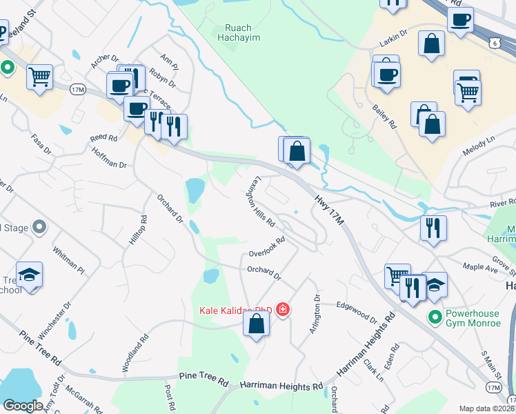 map of restaurants, bars, coffee shops, grocery stores, and more near 10 Lexington Hills Road in Harriman