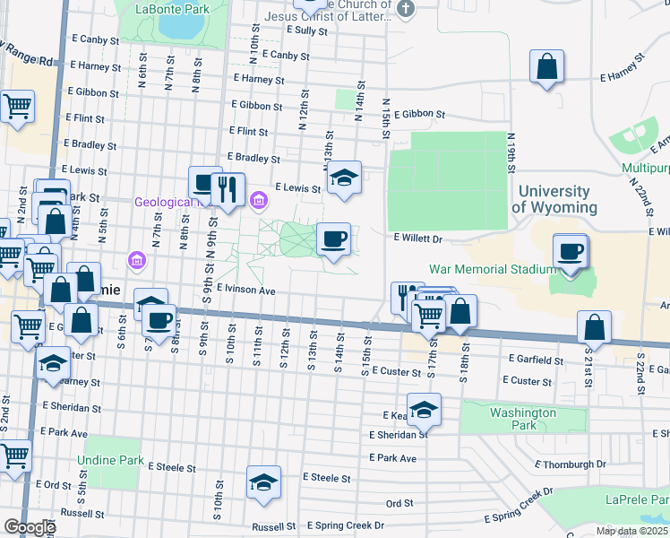 map of restaurants, bars, coffee shops, grocery stores, and more near 1000 East University Avenue in Laramie