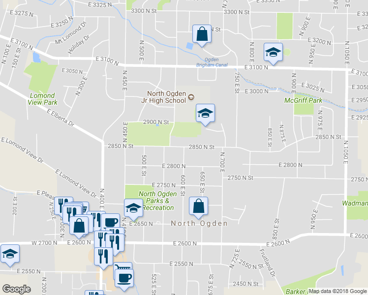 map of restaurants, bars, coffee shops, grocery stores, and more near 3726 North 600 East in North Ogden