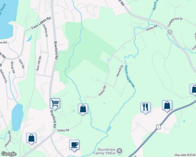map of restaurants, bars, coffee shops, grocery stores, and more near 148 Valley Road in North Branford