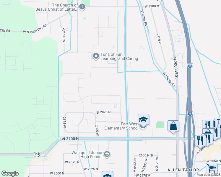 map of restaurants, bars, coffee shops, grocery stores, and more near 2409 West 2950 North in Farr West