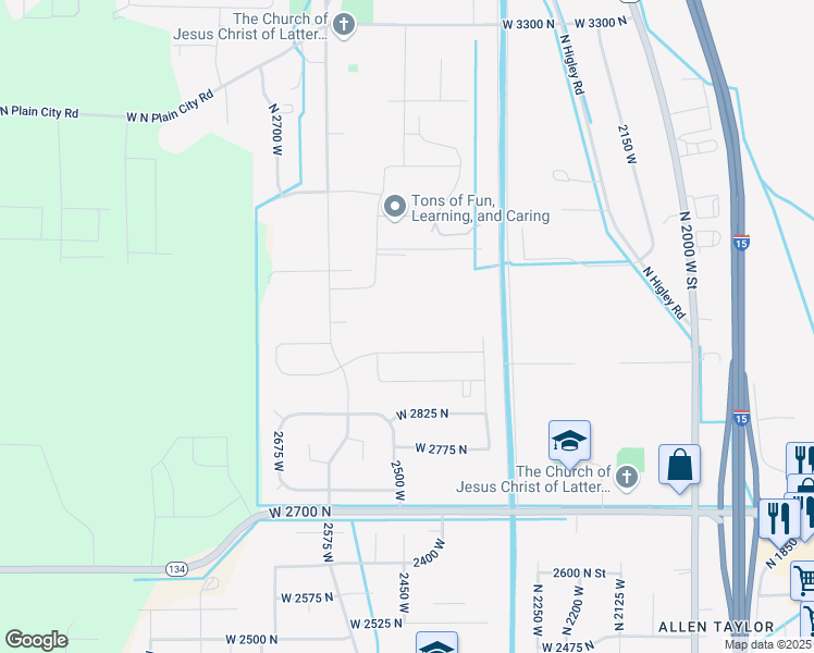 map of restaurants, bars, coffee shops, grocery stores, and more near 2485 West 2950 North in Farr West