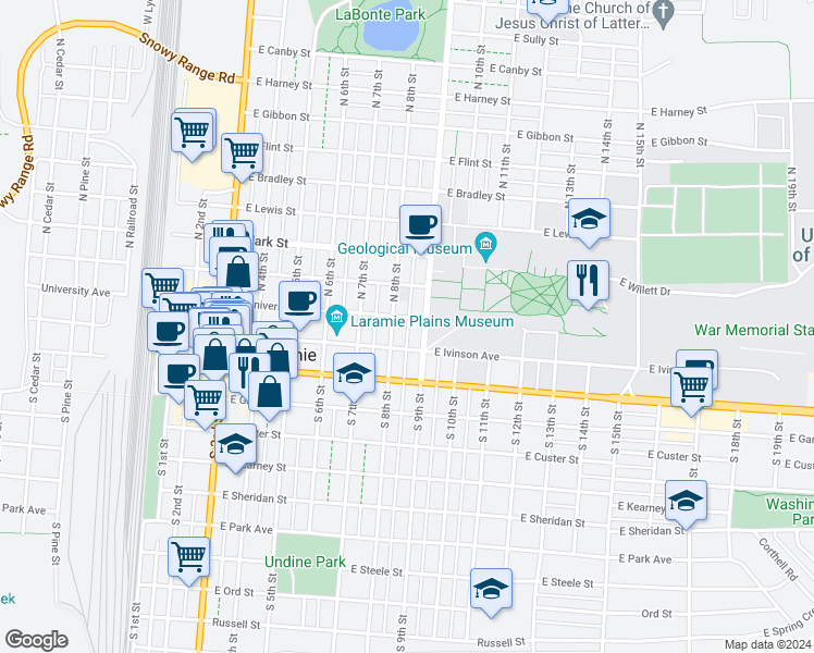 map of restaurants, bars, coffee shops, grocery stores, and more near 805 East Ivinson Avenue in Laramie