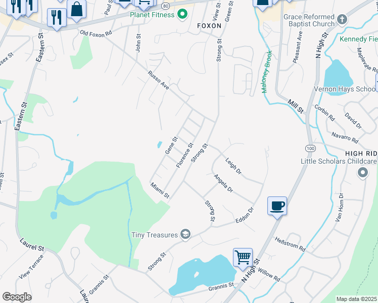 map of restaurants, bars, coffee shops, grocery stores, and more near 63 Florence Street in East Haven