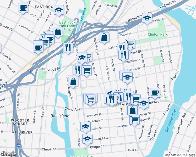 map of restaurants, bars, coffee shops, grocery stores, and more near 23 Market Street in New Haven