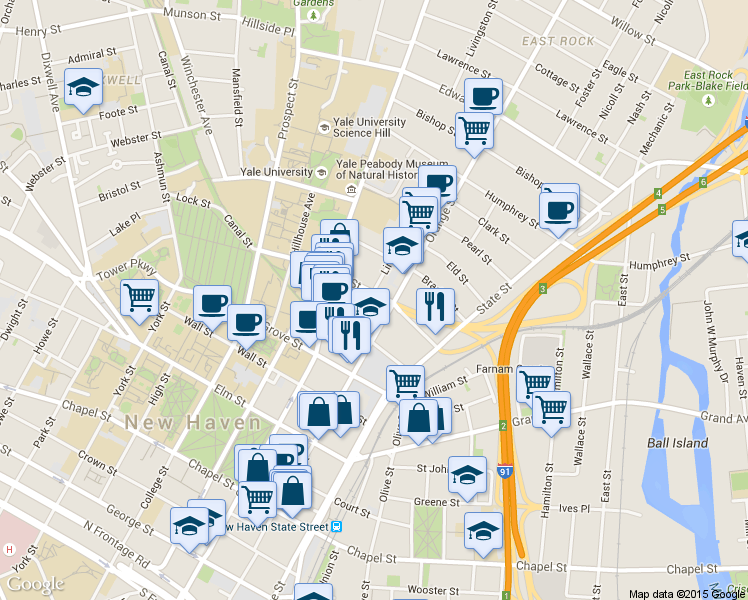 map of restaurants, bars, coffee shops, grocery stores, and more near 405 Orange Street in New Haven