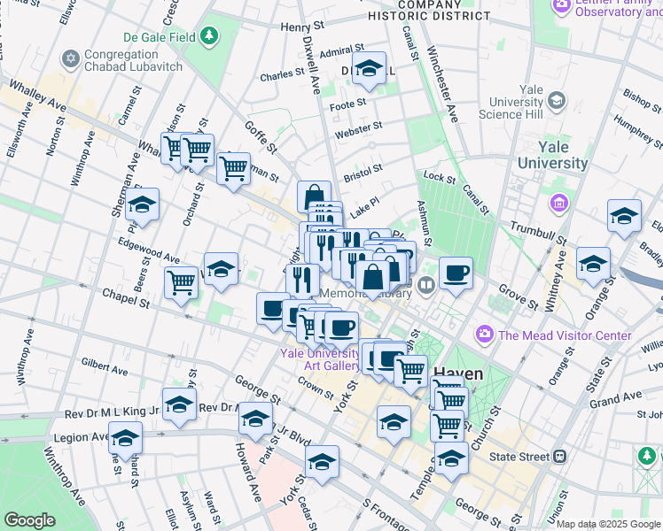 map of restaurants, bars, coffee shops, grocery stores, and more near 356 Elm Street in New Haven