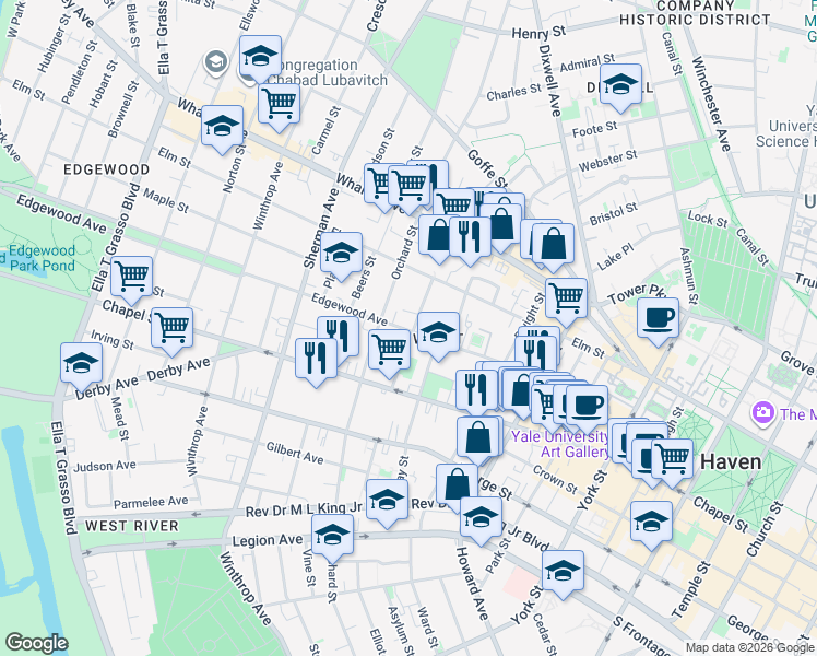 map of restaurants, bars, coffee shops, grocery stores, and more near 228 Day Street in New Haven
