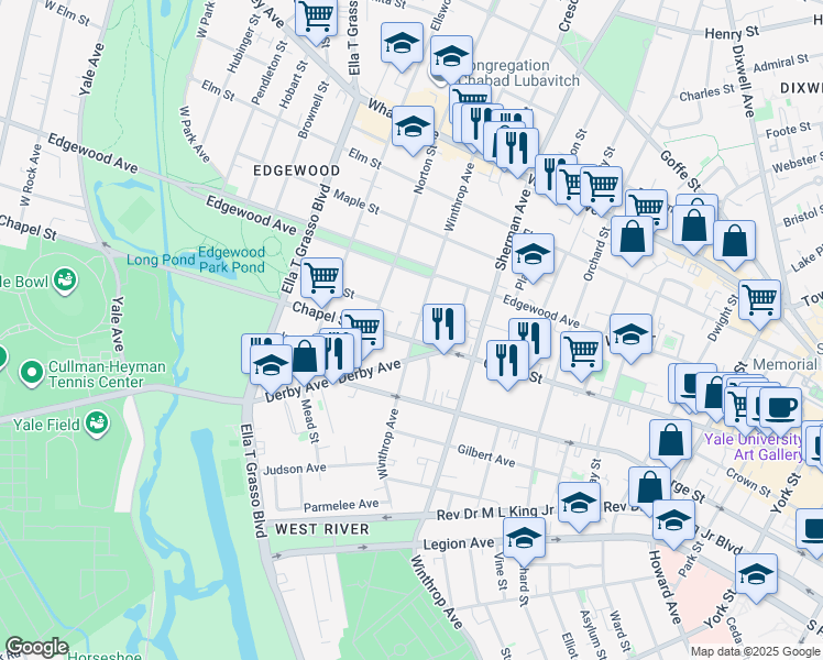 map of restaurants, bars, coffee shops, grocery stores, and more near 22 Derby Avenue in New Haven