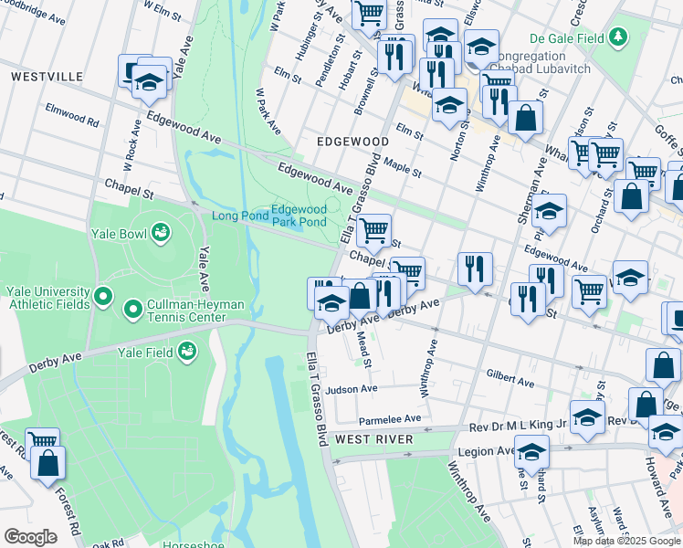 map of restaurants, bars, coffee shops, grocery stores, and more near 1225 Ella T Grasso Boulevard in New Haven