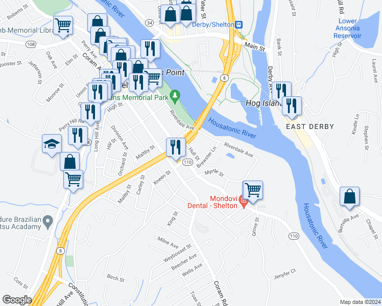 map of restaurants, bars, coffee shops, grocery stores, and more near 191 Howe Avenue in Shelton