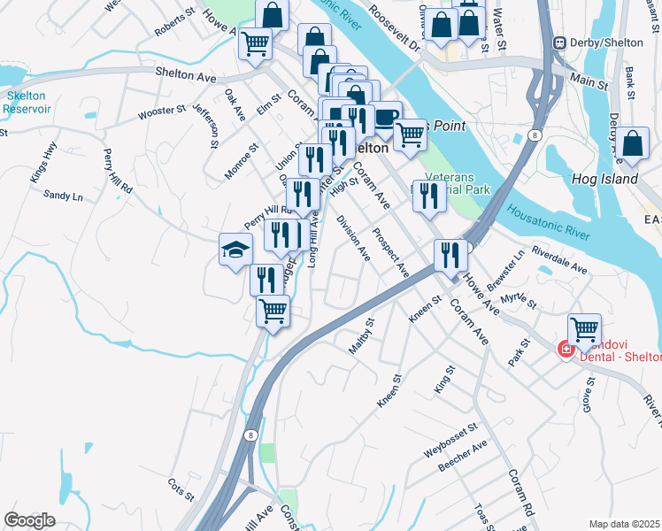 map of restaurants, bars, coffee shops, grocery stores, and more near 147 Hill Street in Shelton