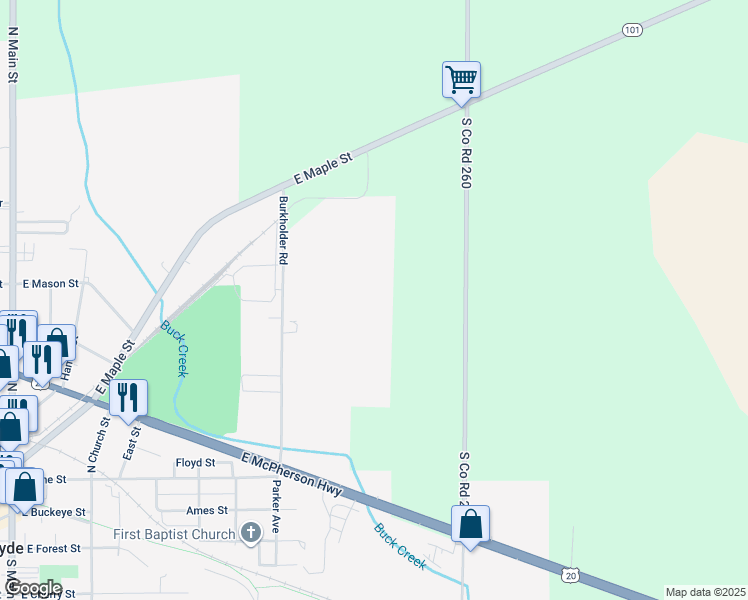 map of restaurants, bars, coffee shops, grocery stores, and more near 1200 South Co Road 260 in Clyde