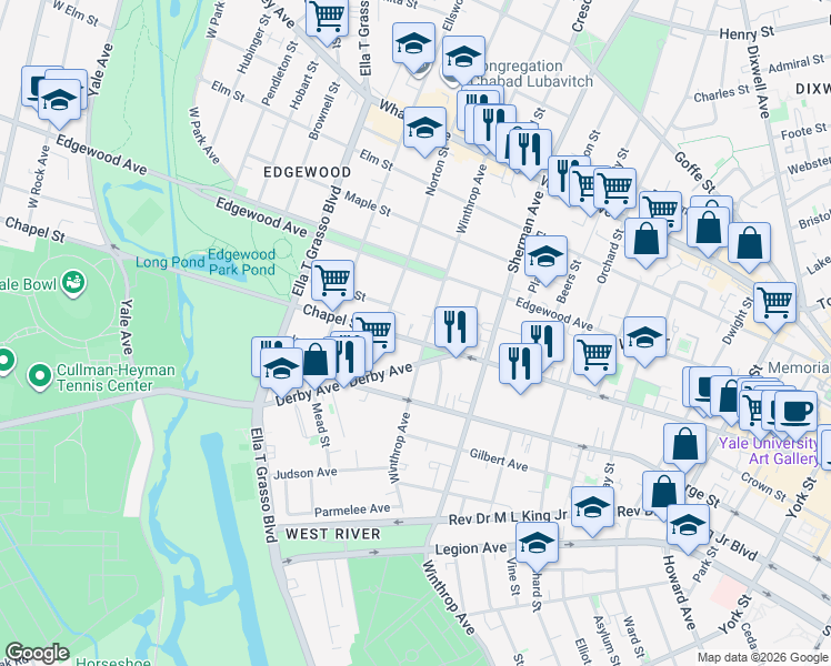 map of restaurants, bars, coffee shops, grocery stores, and more near 59 Derby Avenue in New Haven