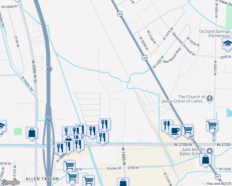 map of restaurants, bars, coffee shops, grocery stores, and more near West 2740 North in Pleasant View