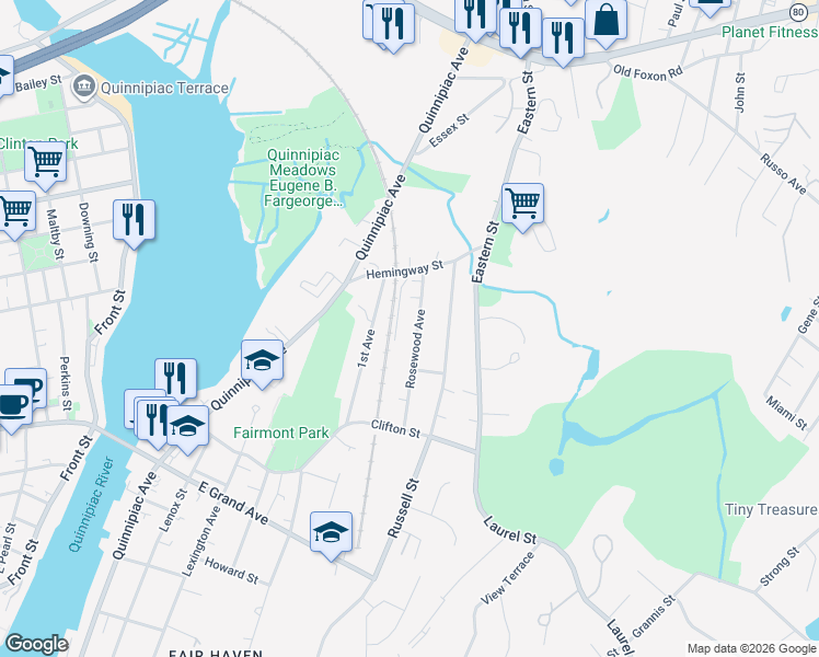 map of restaurants, bars, coffee shops, grocery stores, and more near 165 Rosewood Avenue in New Haven
