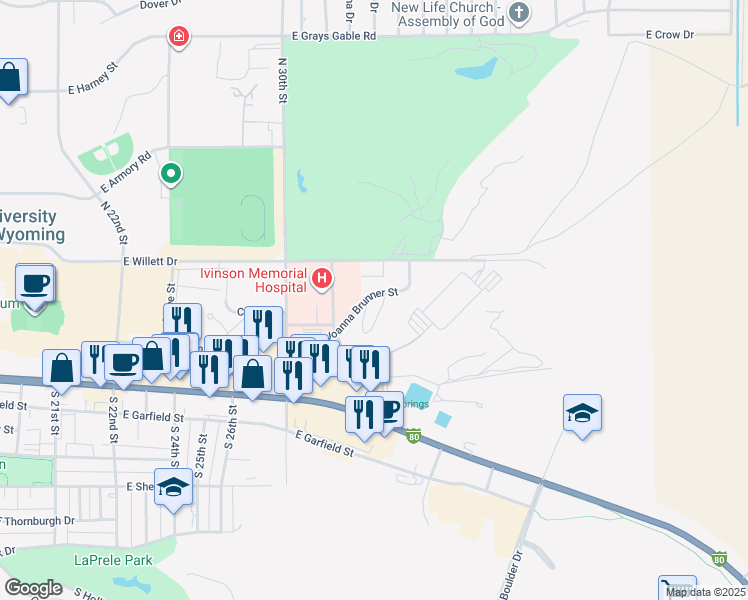 map of restaurants, bars, coffee shops, grocery stores, and more near 3322 Joanna Brunner Street in Laramie