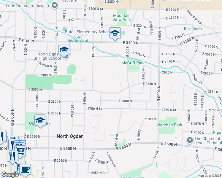 map of restaurants, bars, coffee shops, grocery stores, and more near 2859 850 East Street in Ogden