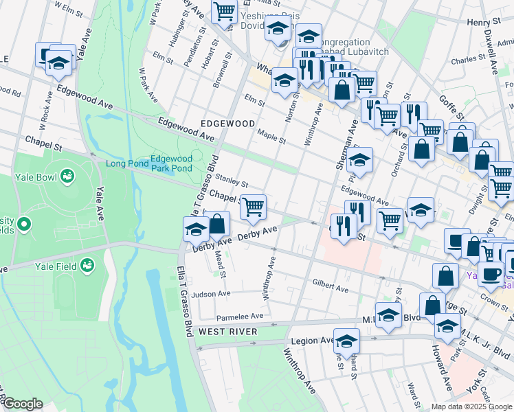 map of restaurants, bars, coffee shops, grocery stores, and more near 1575 Chapel Street in New Haven