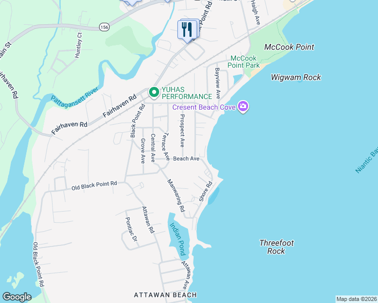 map of restaurants, bars, coffee shops, grocery stores, and more near 77 South Washington Avenue in Niantic