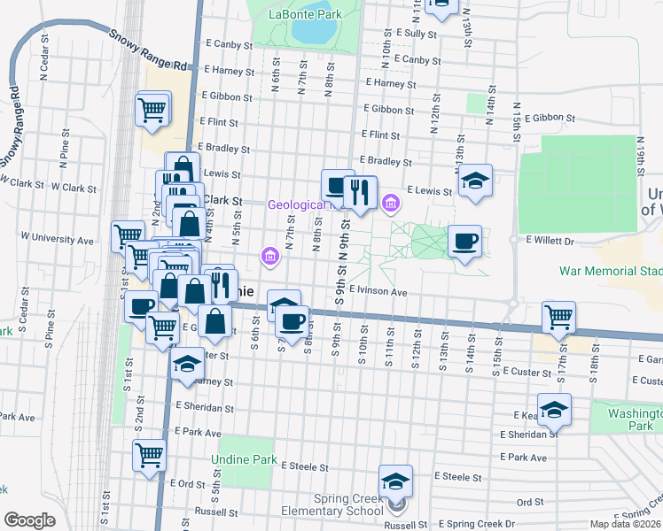 map of restaurants, bars, coffee shops, grocery stores, and more near 157 North 8th Street in Laramie