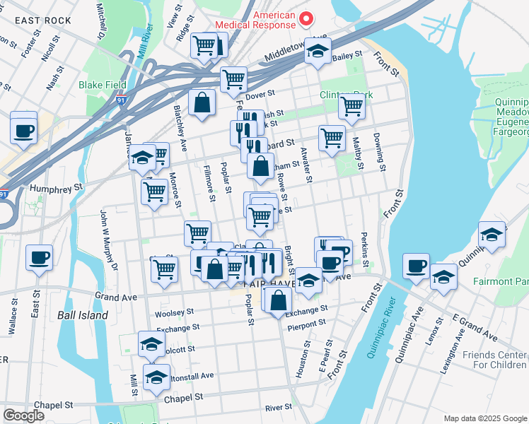 map of restaurants, bars, coffee shops, grocery stores, and more near 160 Grafton Street in New Haven