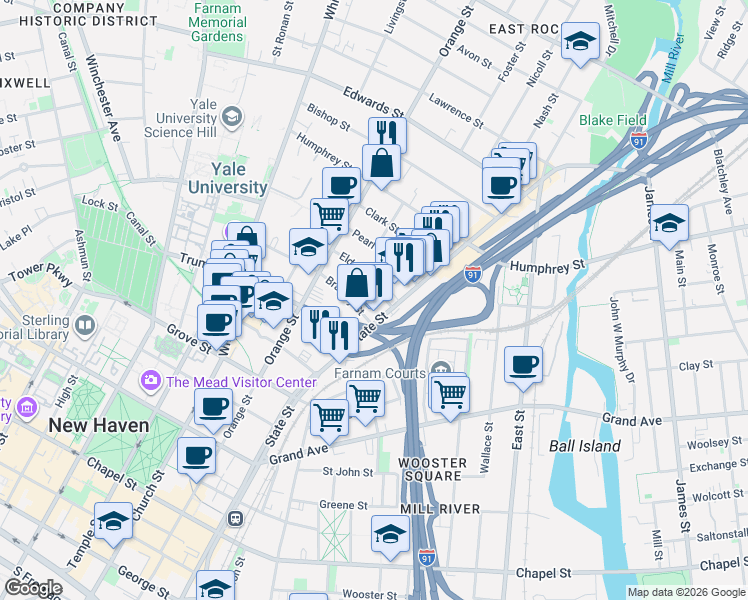 map of restaurants, bars, coffee shops, grocery stores, and more near 20 Eld Street in New Haven