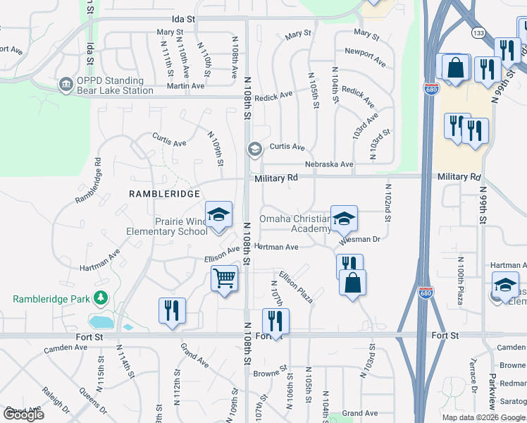 map of restaurants, bars, coffee shops, grocery stores, and more near 6008 North 107th Street in Omaha