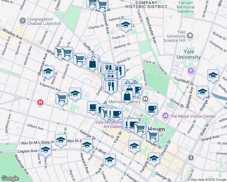 map of restaurants, bars, coffee shops, grocery stores, and more near 133 Howe Street in New Haven