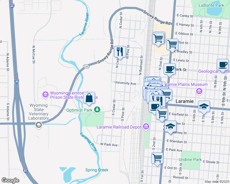 map of restaurants, bars, coffee shops, grocery stores, and more near 209 South Cedar Street in Laramie