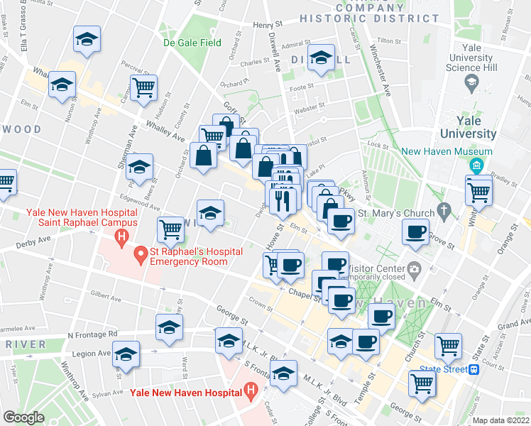 map of restaurants, bars, coffee shops, grocery stores, and more near 411 Elm Street in New Haven