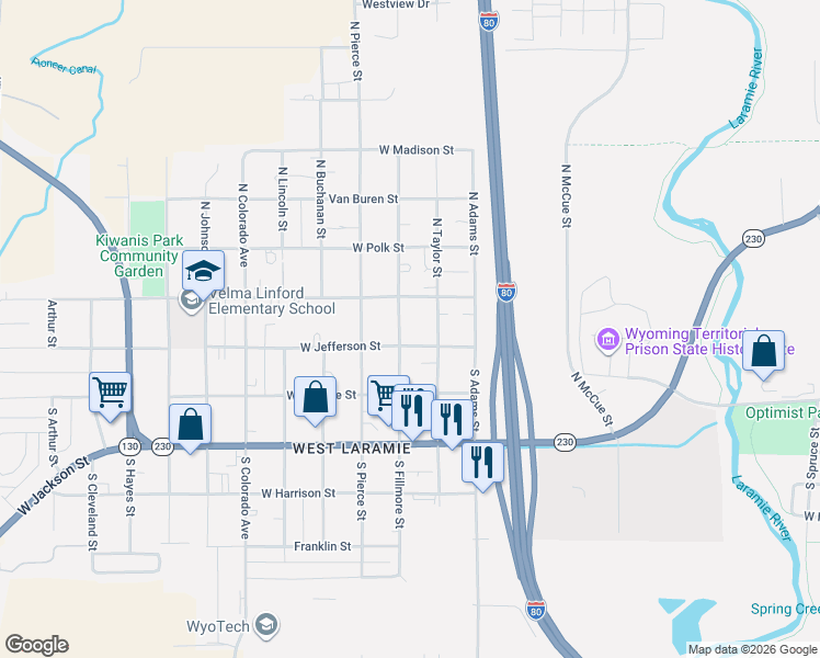 map of restaurants, bars, coffee shops, grocery stores, and more near 1668 West Wyoming Avenue in Laramie