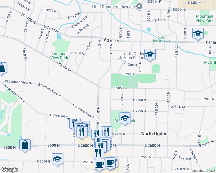 map of restaurants, bars, coffee shops, grocery stores, and more near 438 2850 North Street in Ogden