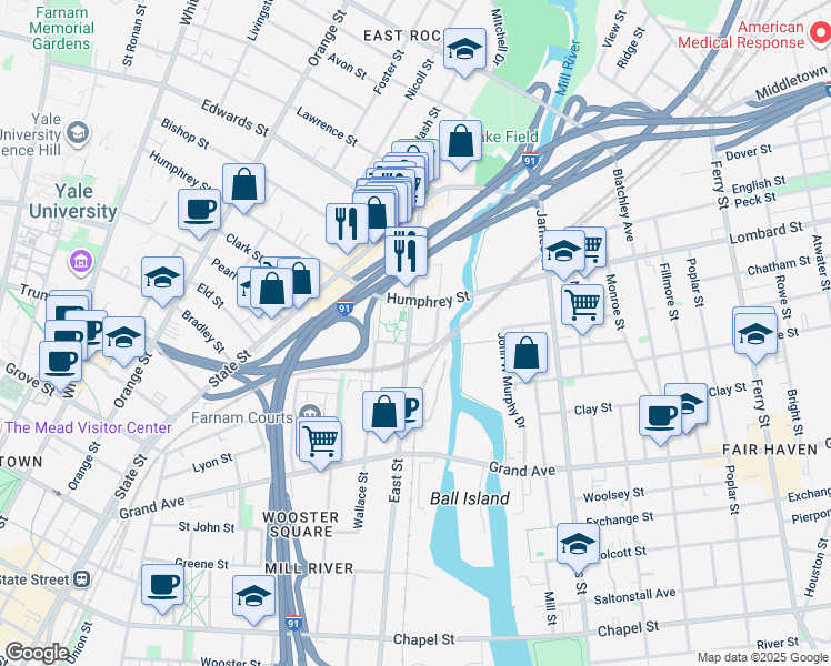 map of restaurants, bars, coffee shops, grocery stores, and more near 487 East Street in New Haven