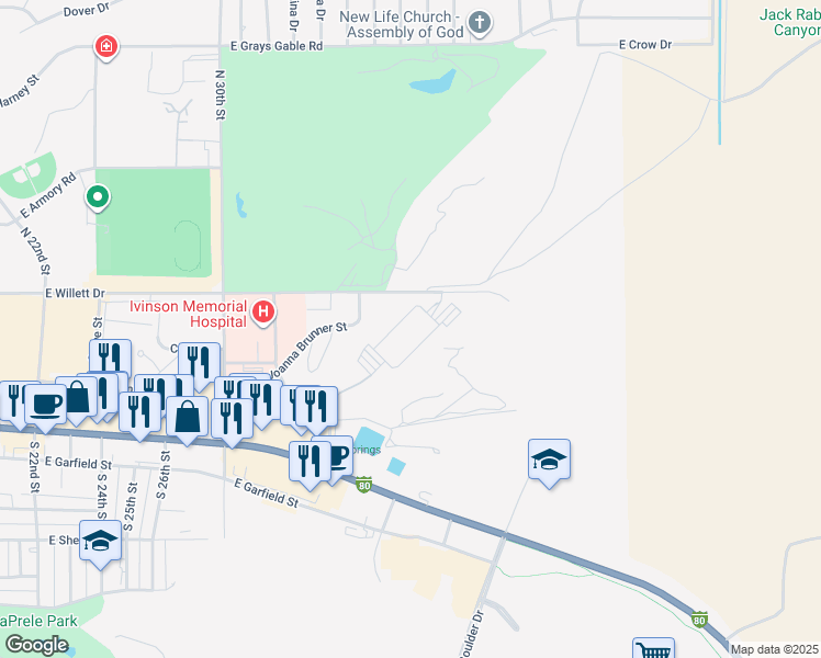 map of restaurants, bars, coffee shops, grocery stores, and more near East Willett Drive in Laramie
