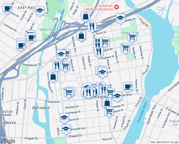 map of restaurants, bars, coffee shops, grocery stores, and more near 414 Poplar Street in New Haven
