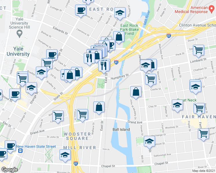 map of restaurants, bars, coffee shops, grocery stores, and more near 507 East Street in New Haven