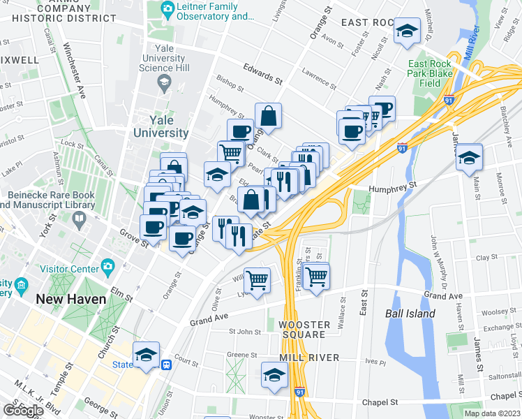 map of restaurants, bars, coffee shops, grocery stores, and more near 20 Eld Street in New Haven