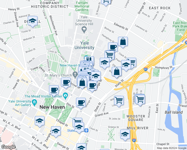 map of restaurants, bars, coffee shops, grocery stores, and more near 63 Trumbull Street in New Haven
