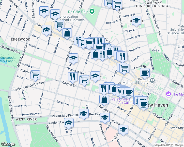 map of restaurants, bars, coffee shops, grocery stores, and more near 100 Kensington Street in New Haven