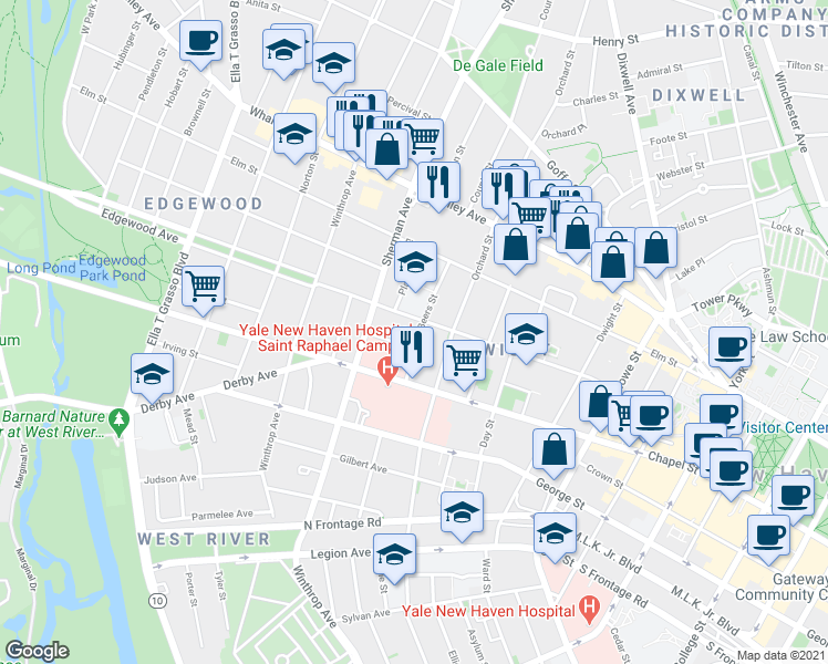 map of restaurants, bars, coffee shops, grocery stores, and more near 235 Edgewood Avenue in New Haven