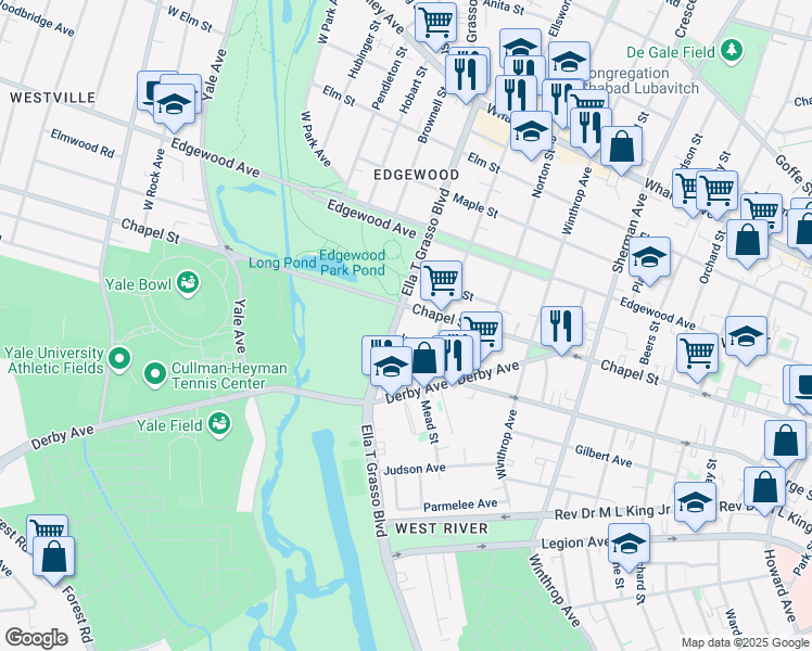 map of restaurants, bars, coffee shops, grocery stores, and more near 1660 Chapel Street in New Haven