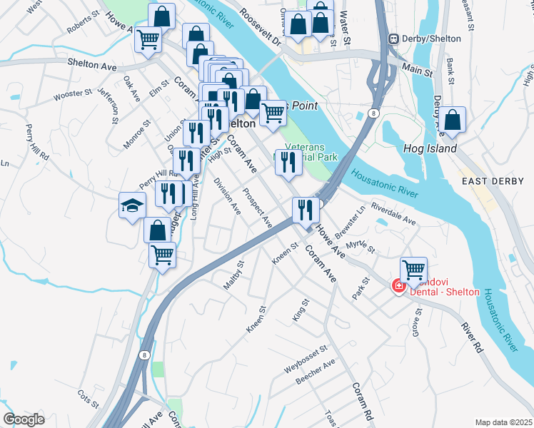 map of restaurants, bars, coffee shops, grocery stores, and more near 162 Prospect Avenue in Shelton