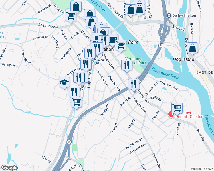map of restaurants, bars, coffee shops, grocery stores, and more near 188 Division Avenue in Shelton