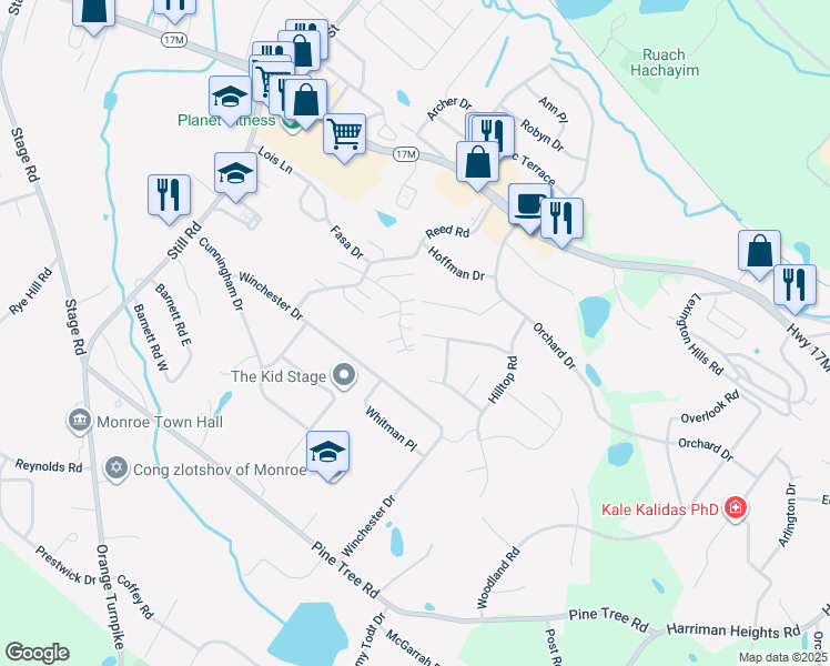 map of restaurants, bars, coffee shops, grocery stores, and more near 129 Linden Lane in Monroe