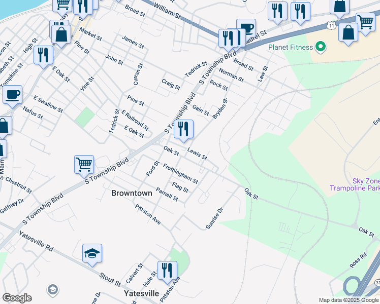 map of restaurants, bars, coffee shops, grocery stores, and more near 12 E Oak St in Pittston