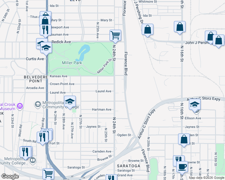 map of restaurants, bars, coffee shops, grocery stores, and more near 2411 Crown Point Avenue in Omaha
