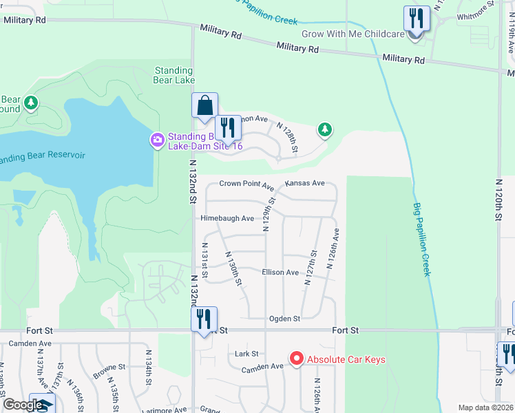 map of restaurants, bars, coffee shops, grocery stores, and more near 12918 Laurel Avenue in Omaha